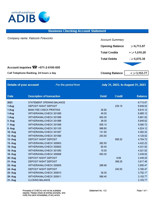 Modèle Word et PDF de relevé de compte courant de la société Abu Dhabi Islamique Bank